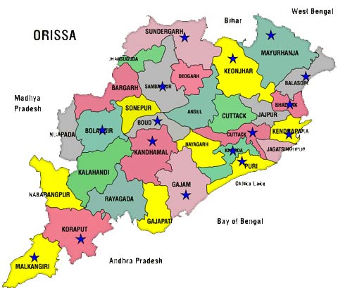 Map of Odisha showing districts and geographical features